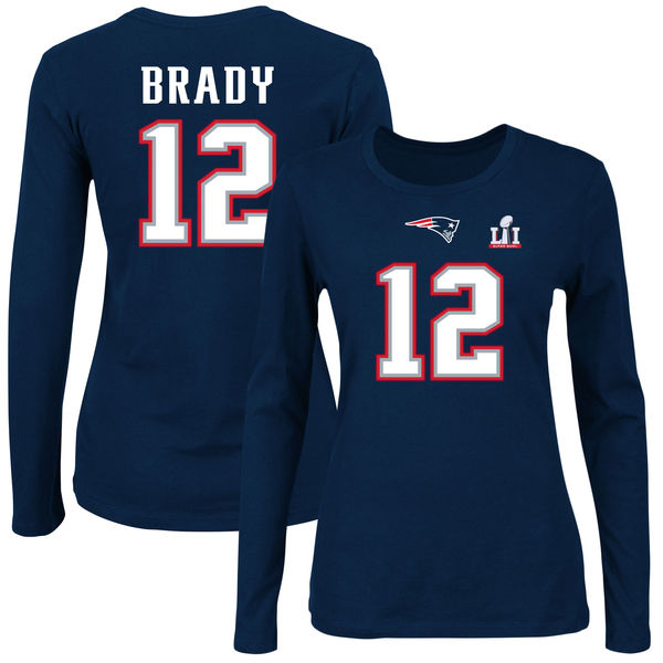 Tom Brady New England Patriots Majestic Women's Super Bowl LI Bound Fair Catch Patch Name & Number Long Sleeve T-Shirt - Navy